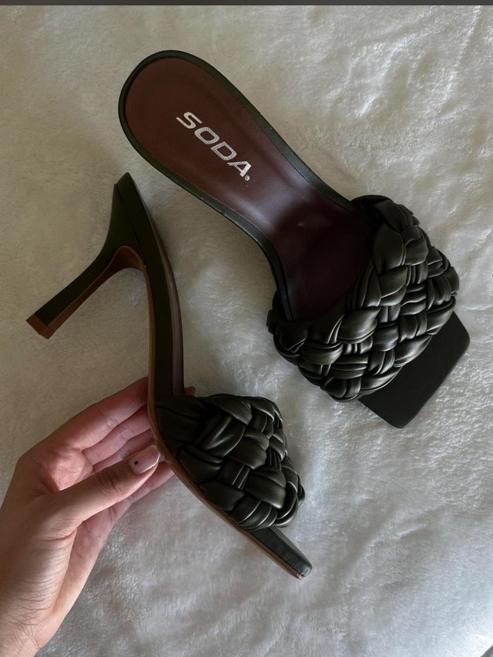 Soda Olive Green Woven Slide Heels